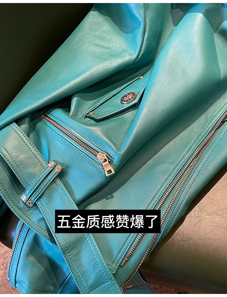 Lautaro Spring Autumn Cool Bright Green Pu Leather Biker Jacket Women Zipper Long Sleeve Luxury Designer Streetwear Fashion 2022