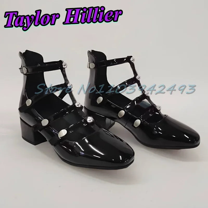 Gladiator Green Heeled Sandals Rivets Women Designer Luxury Shoes Patent Leather Solid Sandalias De Mujer Roman Strappy Palace