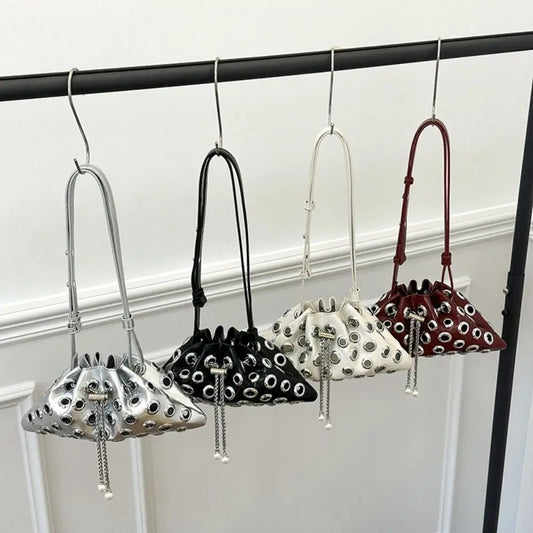 Fashion Metal Stud Rivet Shoulder Bag Hollow Spicy Girl Y2k Underarm Bag Handbag Sweet Cool Drawstring Crossbody Bag Girl