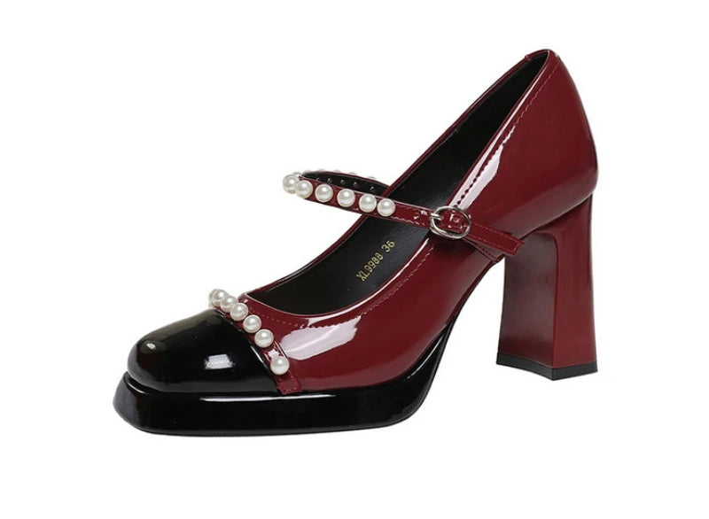 Retro Style Color Block Square Toe Thick Heel High Heels Women's Waterproof Platform Pearl Mary Jane Shoes Casual Fashion