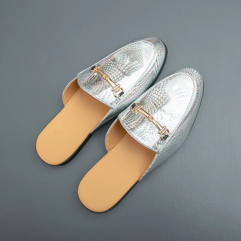 Fashion Brand Men's Cool Snake Skin Pattern Comfortable Half Back Leather Shoe Summer Men Breathable Bottom Casual Leather Shoes