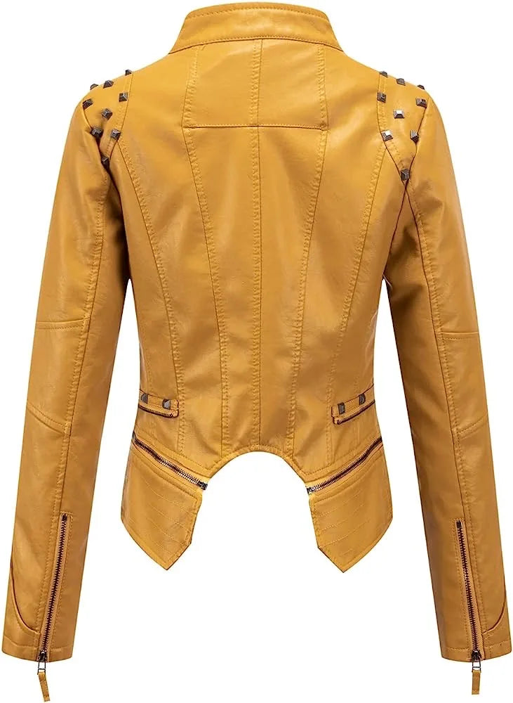 2025 2026 Winter- Spring New Style Suit Collar Rivet Waist Short Washed Pu Leather Jacket