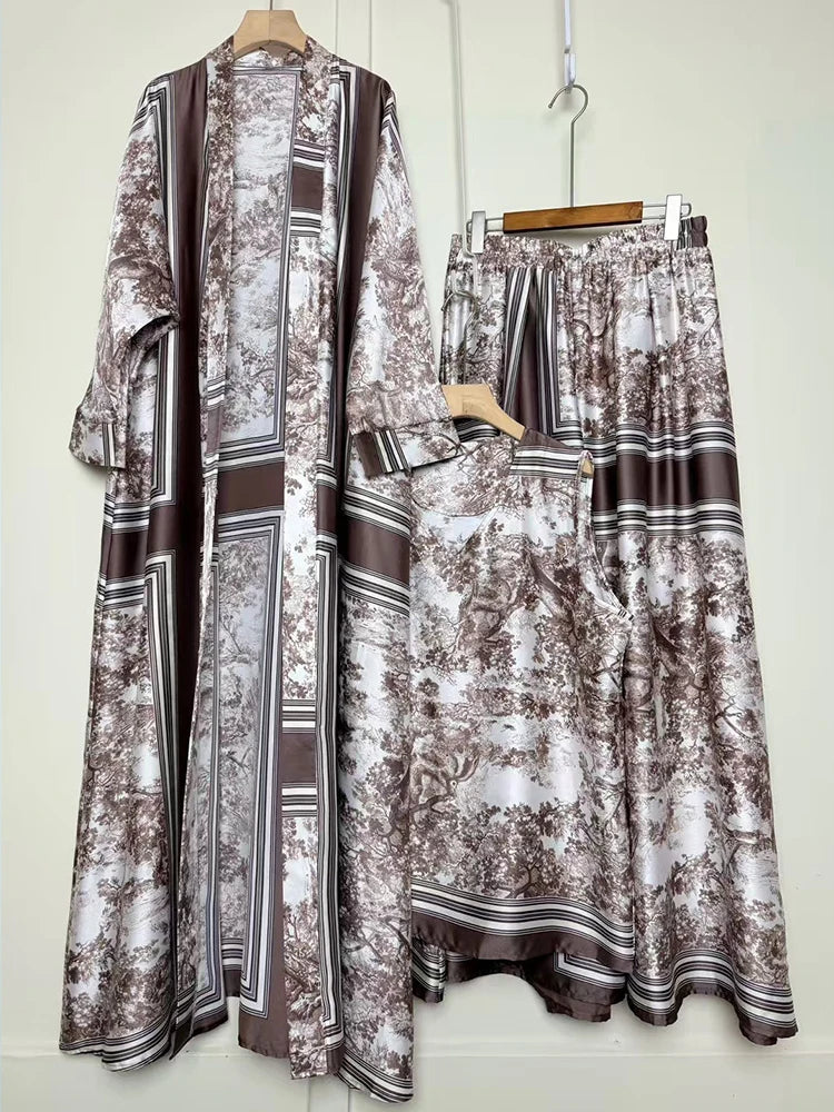 Retro positioning printed long cardigan+vest three piece set 2026 spring women's clothing+loose pants skirt fashion set