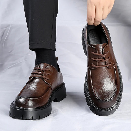 Men's Fashion Genuine Leather British Style Thick Bottom Work Shoes Classic Lace Up Comfortable Anti Slip Big Head Leather Shoes