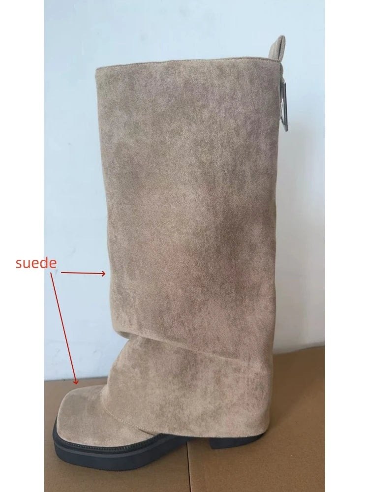 Women's Chunky Leather Flats & Knee Boots - Square Toe Loose Fit Spring-Autumn Casual Shoes with Pleated Pants