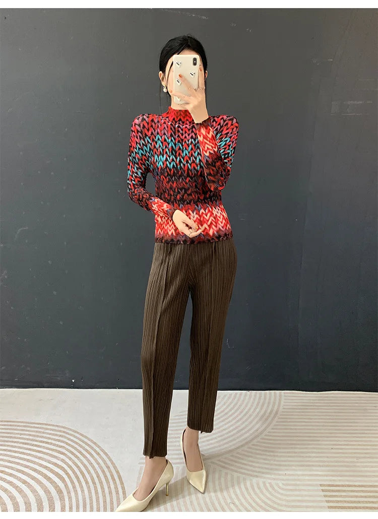 Miyake Pleated 2026 Spring and Summer New Fashion Tops Women's Long-sleeved Half-high Collar Printed T-shirt Bottoming Shirt