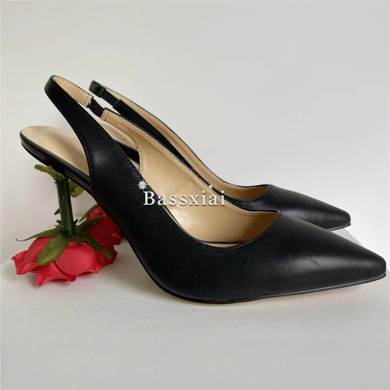 Unique Rose Flower Heel Women Pumps Genuine Leather Slingbacks Sexy Pointed Toe Dress Shoes For Girls