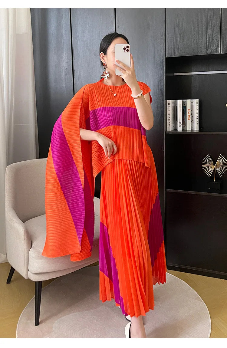 Miyake Pleated Two Piece Skirt Sets Women Sleeveless Irregular T-shirt Long Contrasting Color Skirt
