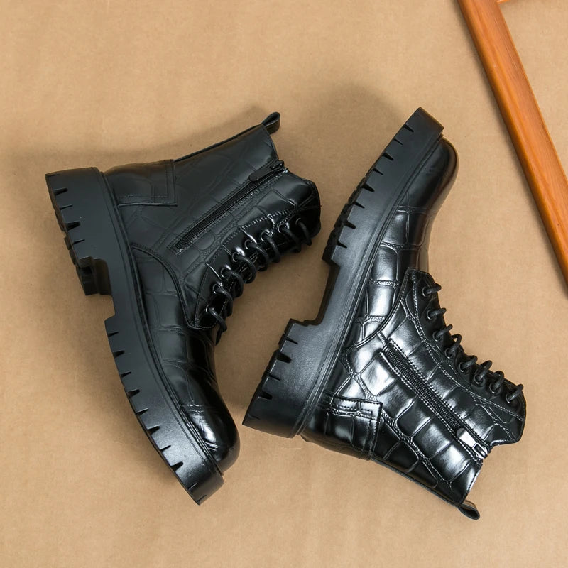 Luxury Brand Men's Autumn and Winter Crocodile Leather Side Zipper High Top Boots Fashionable New Men's Comfortable Short Boots