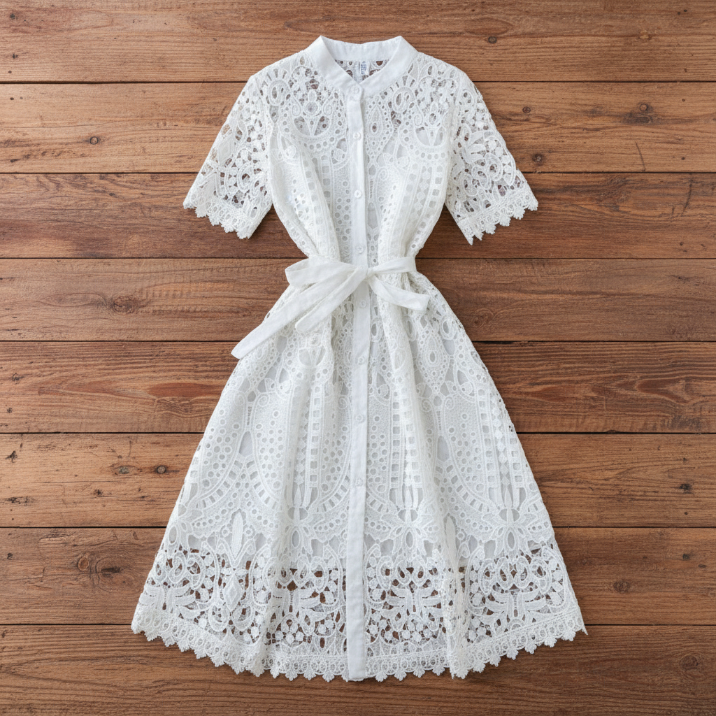 Summer Women Lace Sweet Sexy Dress Hollow Out Half High Collar Short Sleeve Single-breasted High Waist Slim Vintage Midi Dresses