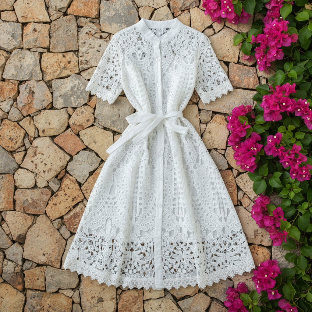 Summer Women Lace Sweet Sexy Dress Hollow Out Half High Collar Short Sleeve Single-breasted High Waist Slim Vintage Midi Dresses