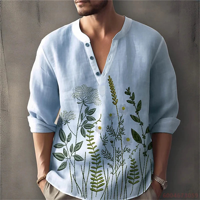 2026 Summer New Men's Fashion Printed Shirt, Henley Collar, Long Sleeve, Ethnic Style, Loose Fit, Breathable, Casual Men's Top