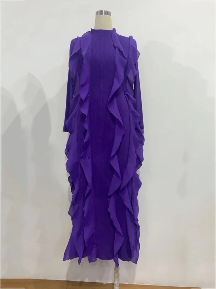 Miyake Pleated Fashion Dress O-Neck Long Sleeve Spliced Ruffles New 2023 Summer Evening Party Clothing Lady Middle East HotSales