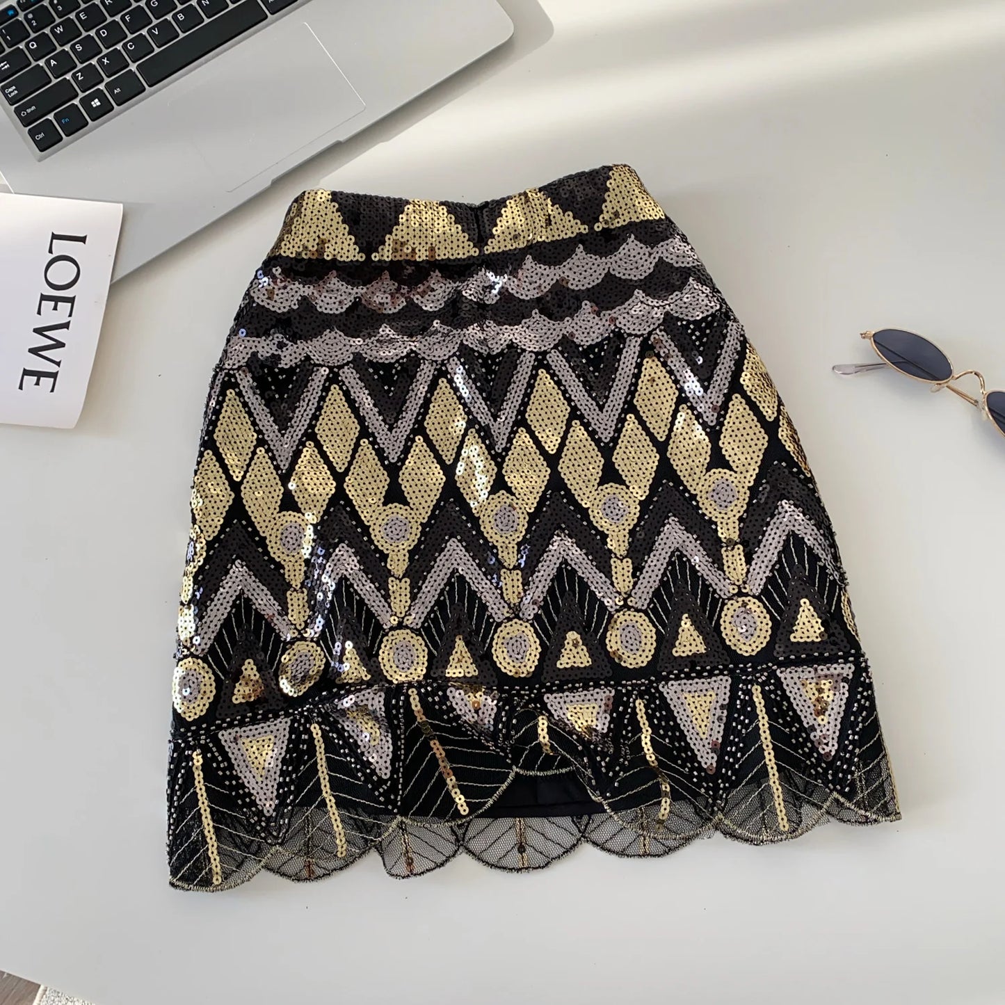 Faionable Heavy Embroidery Sequin High Waist Slim A-Line  Skirt Women's Autumn Small Fraance Sle Commute Skirt