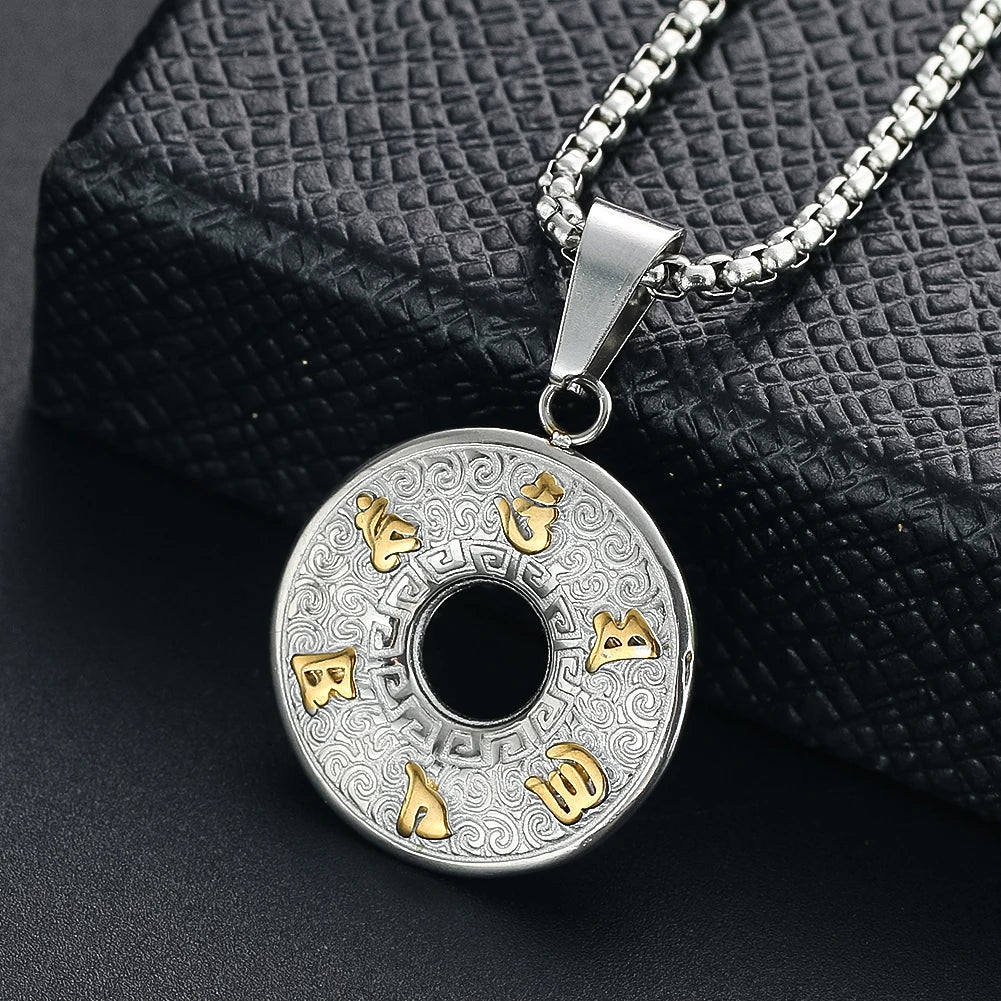 Buddhism Sanskrit Oṃ Six Syllable Mantra Lotus Flower Titanium Steel Pendant Necklace Mascot Amulet Charms Dangle Choker Jewelry