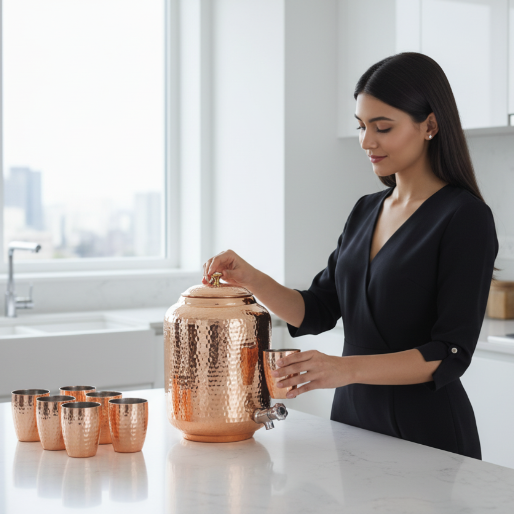 Ayurvedic Pure copper water dispenser container pot with 2 glass rollers - 6.5 liters (brown) - set of 3 pieces