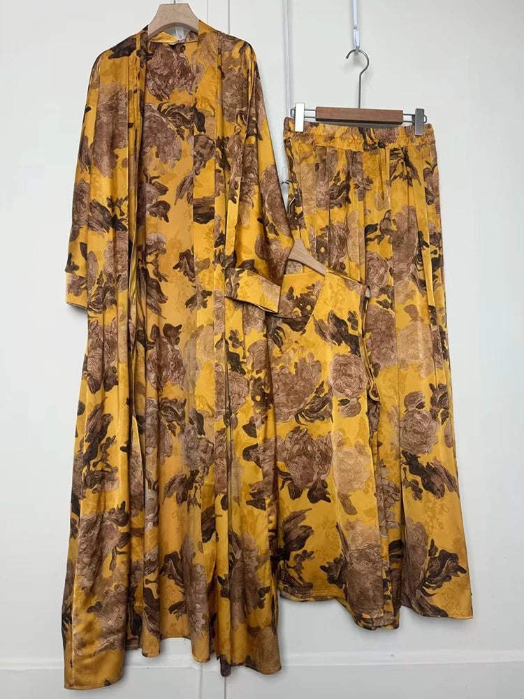 Retro positioning printed long cardigan+vest three piece set 2026 spring women's clothing+loose pants skirt fashion set