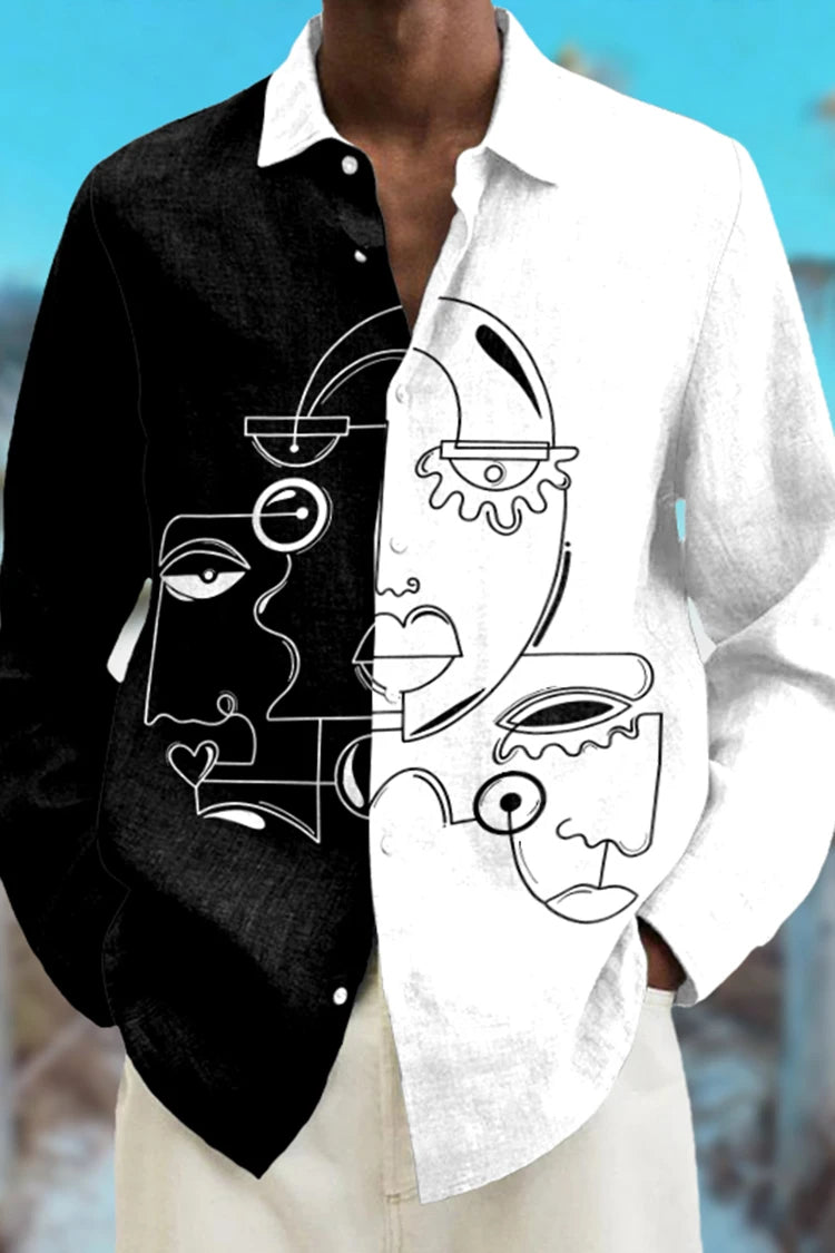 Fashion Abstract 3D Printed Long Sleeve Shirts Simple Black And White Color Scheme men's Tops Casual Lapel Button Up Shirt