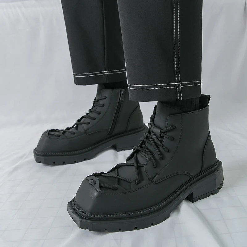 Autumn New Men Comfortable Lace Up Side Zipper High Top Leather Shoes Fashion Brand Round Toe Thick Soled Non Slip Outdoor Boots