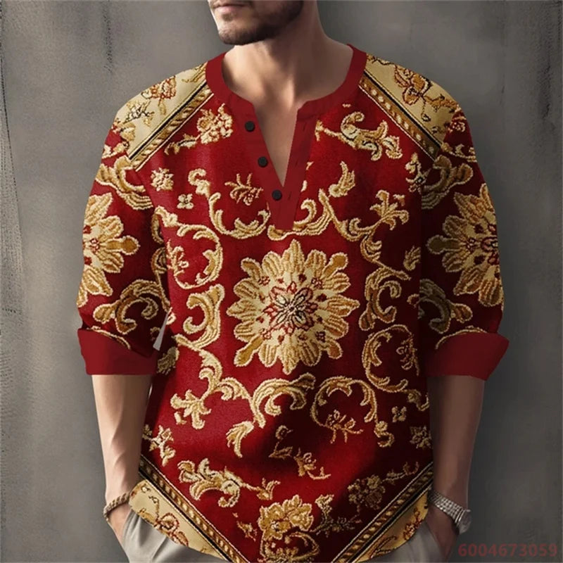 Men's Long-Sleeved Shirt for Summer Vacation, Featuring a Color-Blocked Geometric Print and Henley Collar; Stylish Men's Shirt.