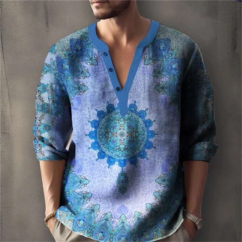 Men's Long-Sleeved Shirt with Retro Print, Stylish Design, Outdoor Casual Henley Collar, Loose Fit, Men's Vacation Top, XS-6XL.