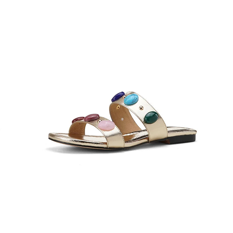 Dilalula Genuine Leather Bohemia Style Casual Slippers Women Peep Toe Low Heel Colorful Stone Decoration Slides Female Beach
