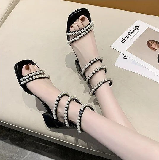 Pearl with Medium Heels Summer 2025 Women's Shoes Sandals for Woman Square Footwear Black Comfort Anti Slip Hot Vip The Best H F