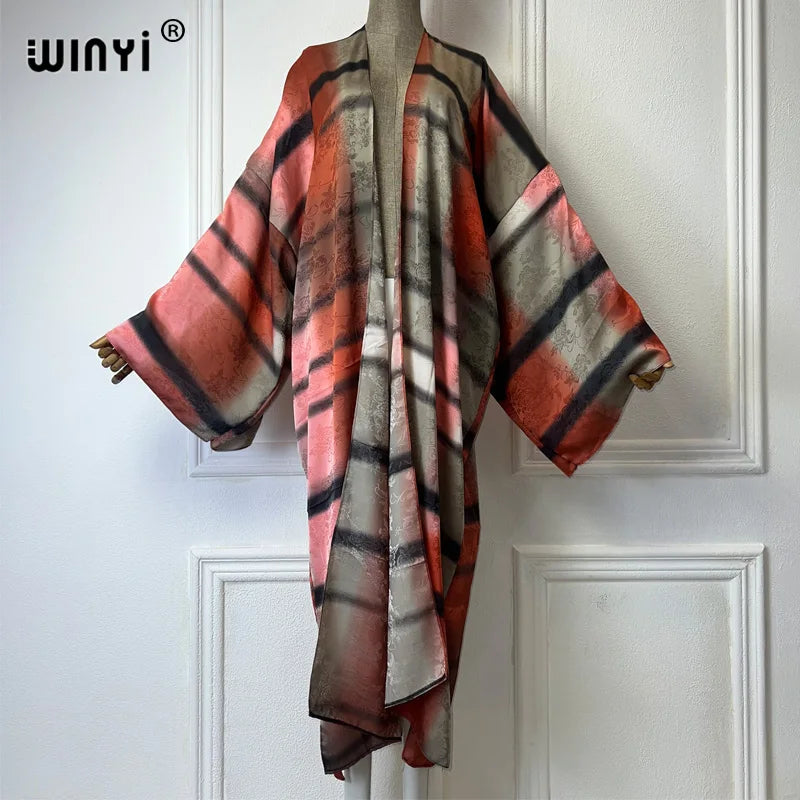 WINYI beach cover up print kimono Silk feel Dress Beach Wear Boho Cardigan abaya women muslim dress africa Long Sleeve coat