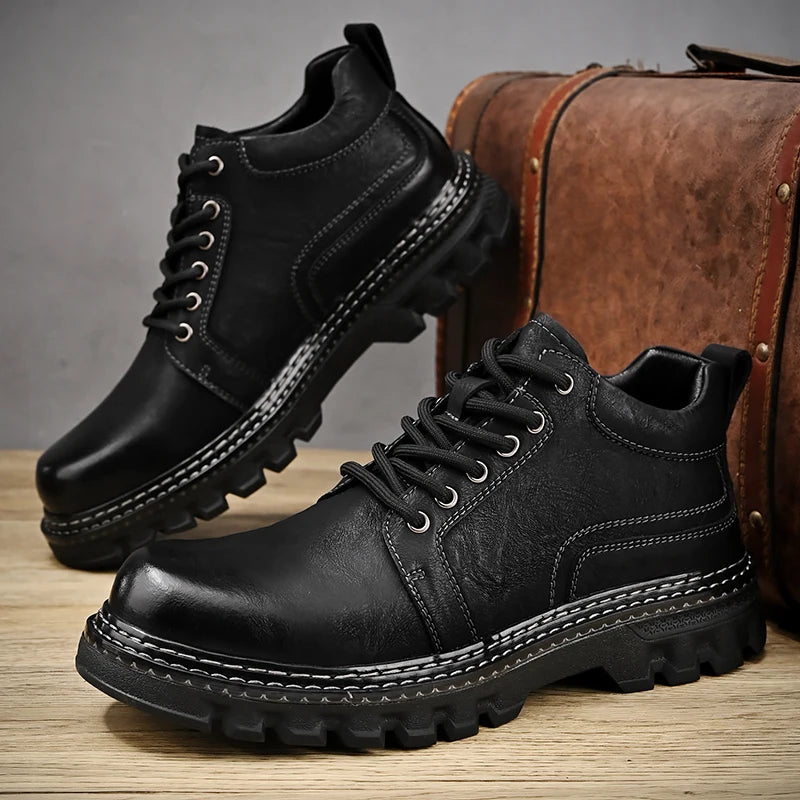 New Genuine Leather Men Boots Cow Leather Upper Durable Sole Lace up Autumn Winter Boots  Daily Leisure Outdoor Shoes For Man