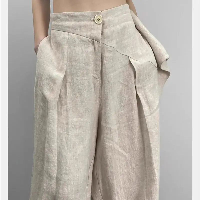 Limiguyue Japanese Cotton Linen Wide Leg Pants Women Irregular Waist Summer Pants One Button Loose Pleated Full Trousers F157