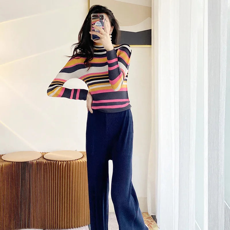 Miyake Pleated Contrasting Colors T-shirt Women Half Turtleneck Skinny Pullover 2025 Summer Fashion Female Clothing