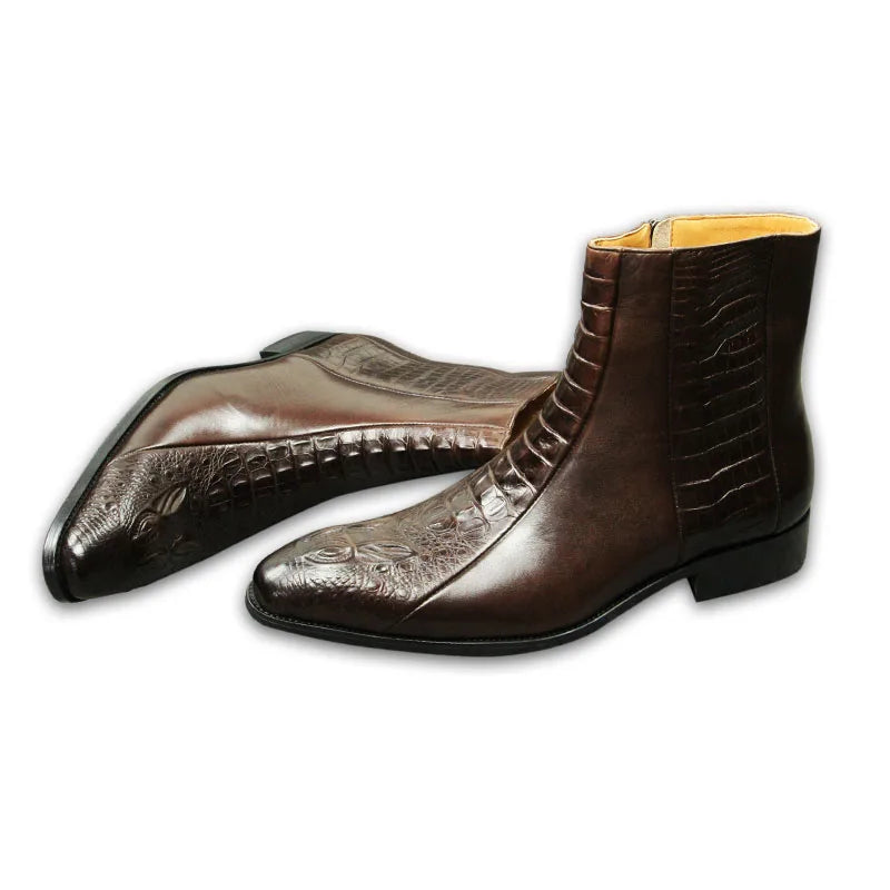 Genuine Leather Mens Boots Autumn Winter Vintage English Style Pointed Toe Work Boots Exquisite Crocodile Engraved Zipper Shoes