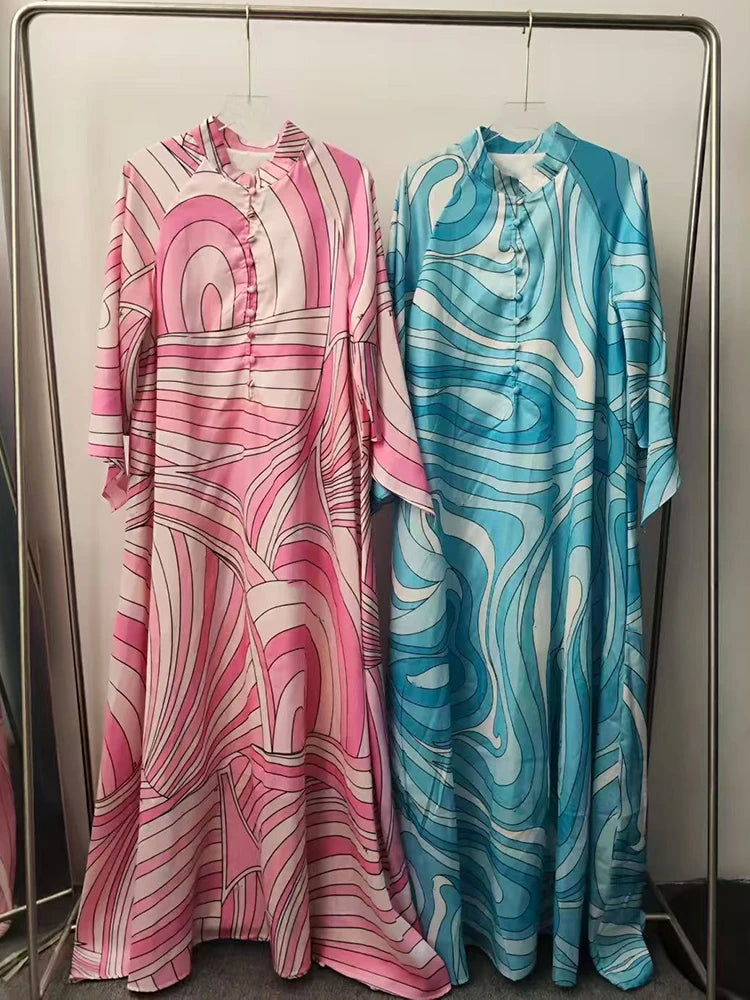 2026 Summer Women's Clothing Shirt Dress Retro Geometric Print Pullover Dress Fashion Loose Tutu Skirt + Headband