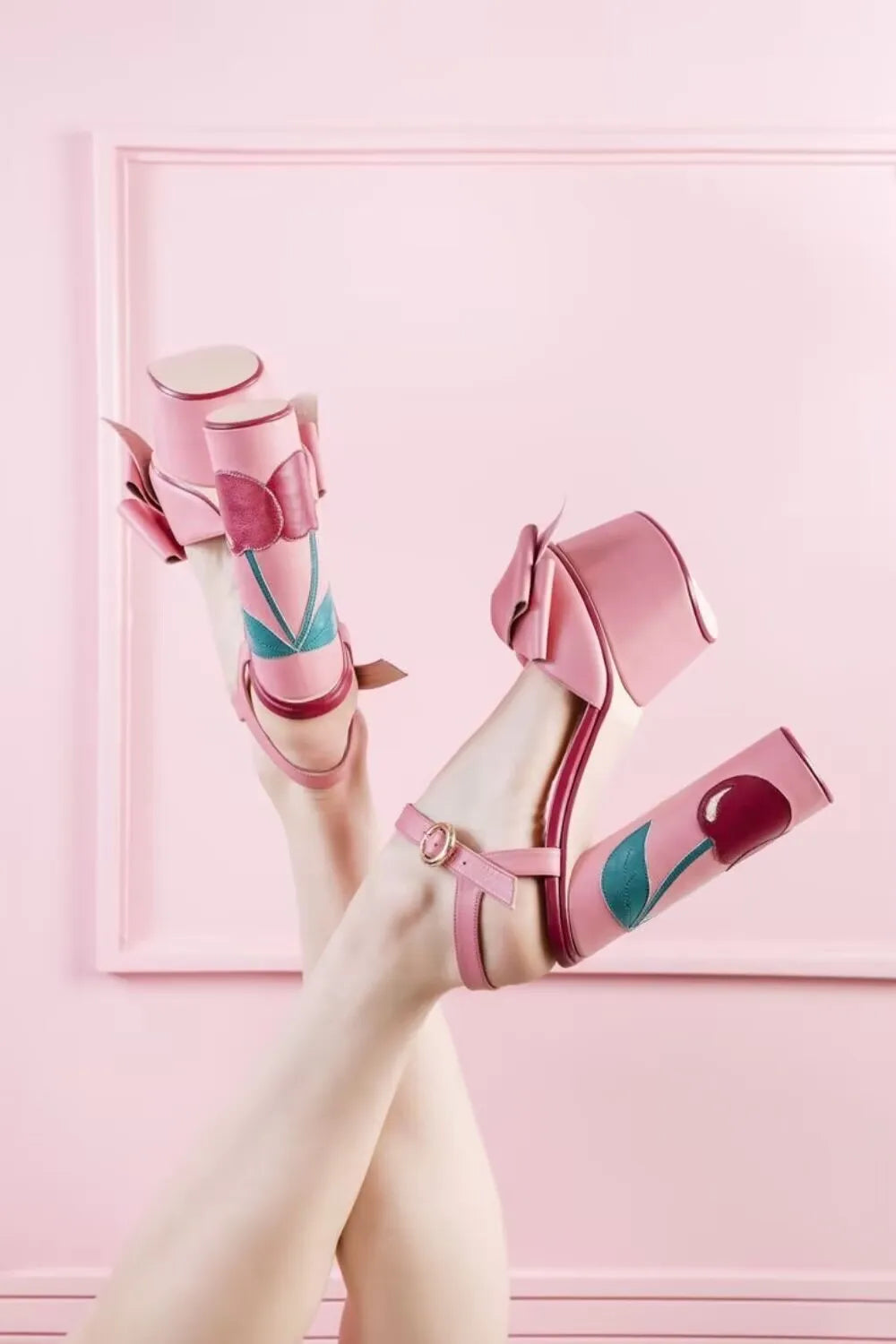 Light Blue/Pink Platform Heeled Sandals Oversized Bow Decoration Chunky Block Heel Cherry Print Detail Sweet Peep-Toe Sandals