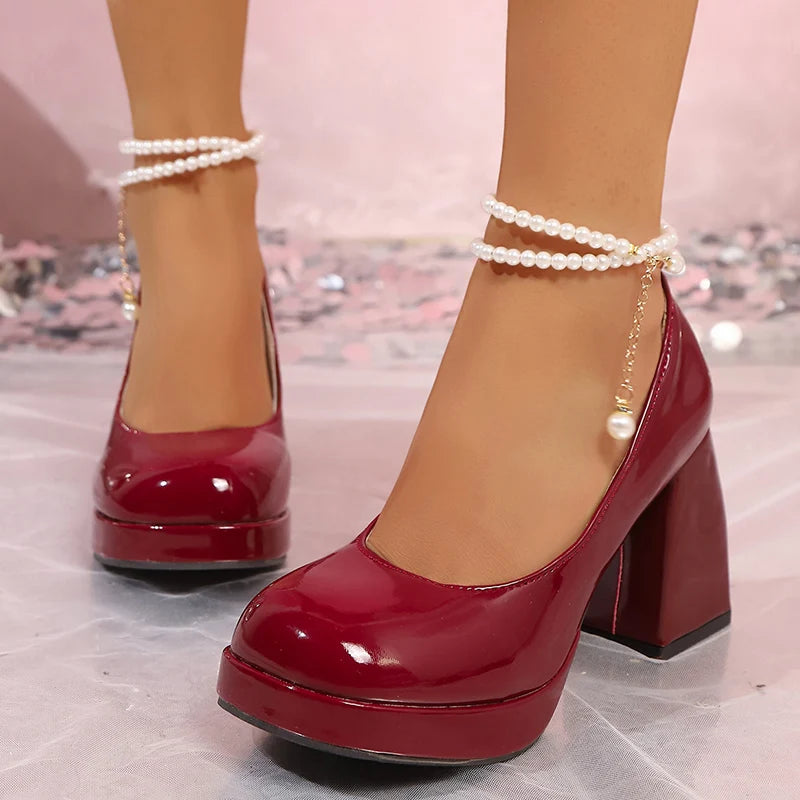 Luxury Pearls Ankle Strap Pumps Women Spring 2026 Sexy Hot Pink Chunky Platform High Heels Shoes Woman Patent Leather Mary Janes