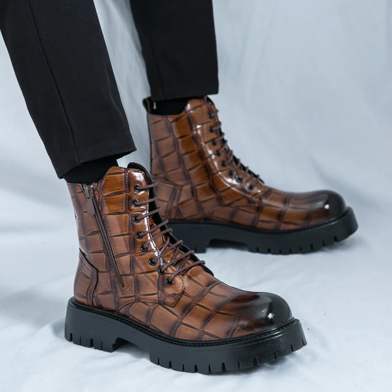 Luxury Brand Men's Autumn and Winter Crocodile Leather Side Zipper High Top Boots Fashionable New Men's Comfortable Short Boots