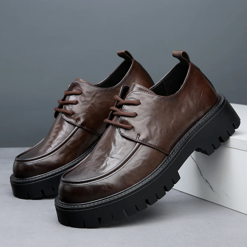 Men's Fashion Genuine Leather British Style Thick Bottom Work Shoes Classic Lace Up Comfortable Anti Slip Big Head Leather Shoes