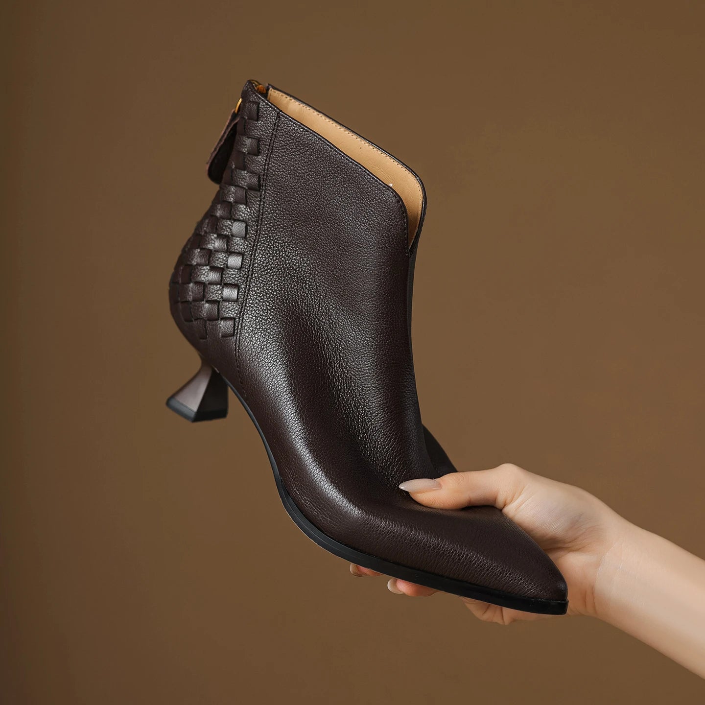 Elegant Sheepskin Leather Retro Ankle Boots Women Pointy Toe Med Thin Heels Office Lady Braided Boots Party