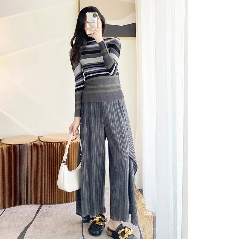 Miyake Pleated Contrasting Colors T-shirt Women Half Turtleneck Skinny Pullover 2025 Summer Fashion Female Clothing
