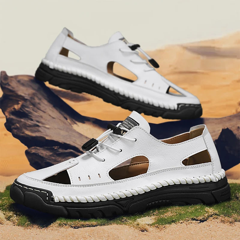 Summer Classic White Soft Bottom Handmade Stitching Beach Men's Shoes Outdoor Men's Comfortable Hollow Breathable Casual Shoes
