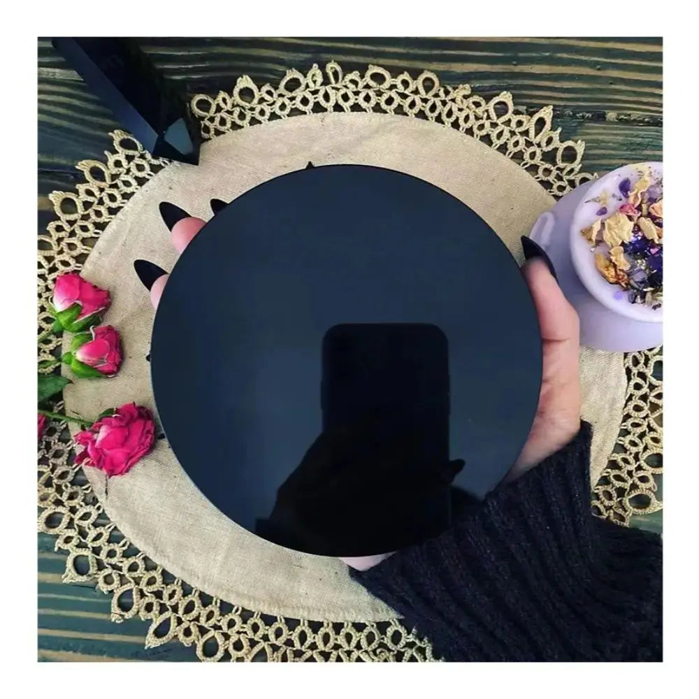 Natural Black Obsidian Scrying Mirror Healing Crystals Stone Round Plate Witchcraft Magic Mirror Crystal Home Decor With Shelf