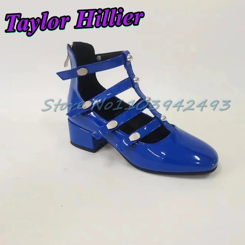 Gladiator Green Heeled Sandals Rivets Women Designer Luxury Shoes Patent Leather Solid Sandalias De Mujer Roman Strappy Palace