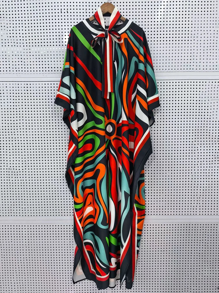 Retro geometric print lace up waist cinched round neck pullover dress 2026 summer women's wide and relaxed slit puffy skirt