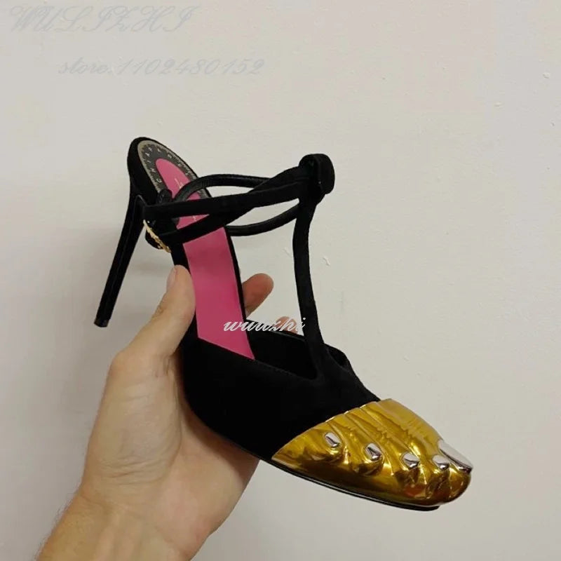 Black Strappy Gold Round Toe Five-Finger Sandals Girl Stiletto Ankle Straps Summer Suede Hollow Heels Catwalk Street Style Shoes