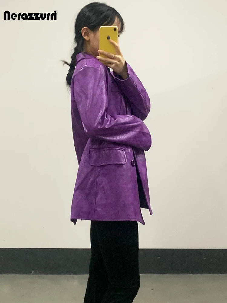 Mauroicardi Autumn Soft Luxury Matte Purple Crocodile Print Pu Leather Blazer Jacket Women Loose Casual Korean Fashion Clothes