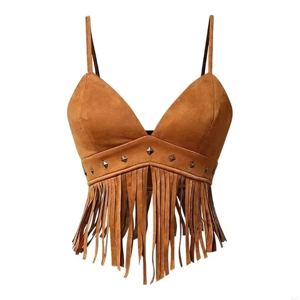 Vintage Faux Suede Women Crop Top V Neck Spaghetti Strap Fringe Vest Tassel Trimmed Cowgirl Style Sleeveless Vest for Women