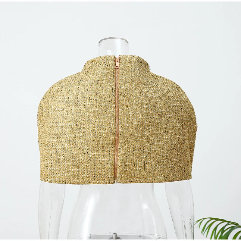 Elegant Chic Gold Sparkle Capelet Top Shiny Tweed Shoulder Wrap Turtleneck Short Cloak New Lady Evening Club Party Tops 2026
