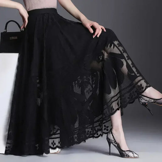 Women Vintage Sexy Hollow Lace High Waist Elegant Party Long Skirt Summer Fashion Black Pleated Fairy A Linen Maxi Skirts Faldas