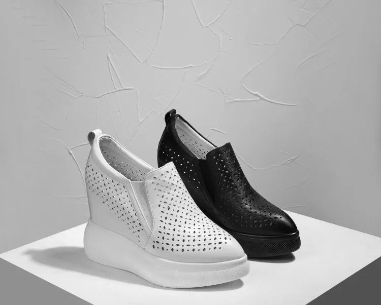 High Heels Hollow Out Shoes Casual Black White Women Sneakers Leisure Platform Shoes Slip-On Breathable Height Increasing Shoes