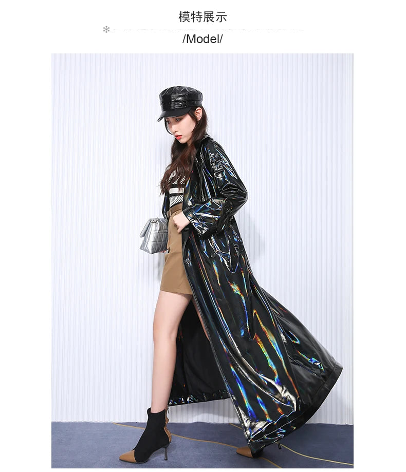 Nerazzurri Autumn Extra Long Black Holographic Shiny Reflective Stretchy Soft PVC Leather Trench Coat for Women European Fashion